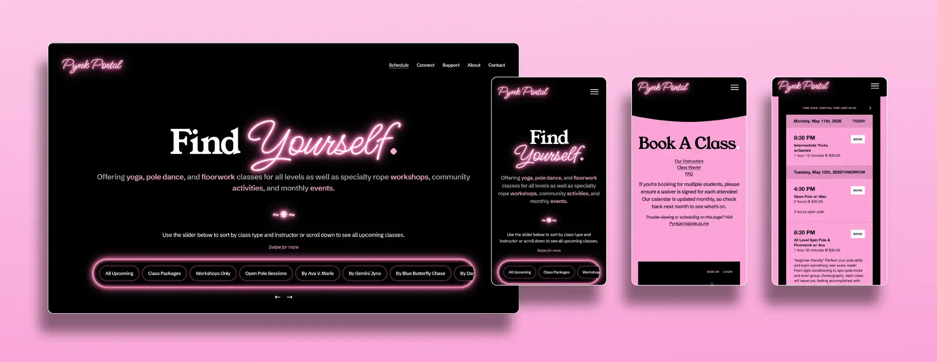 Mockup of pages from Pynk Portal website