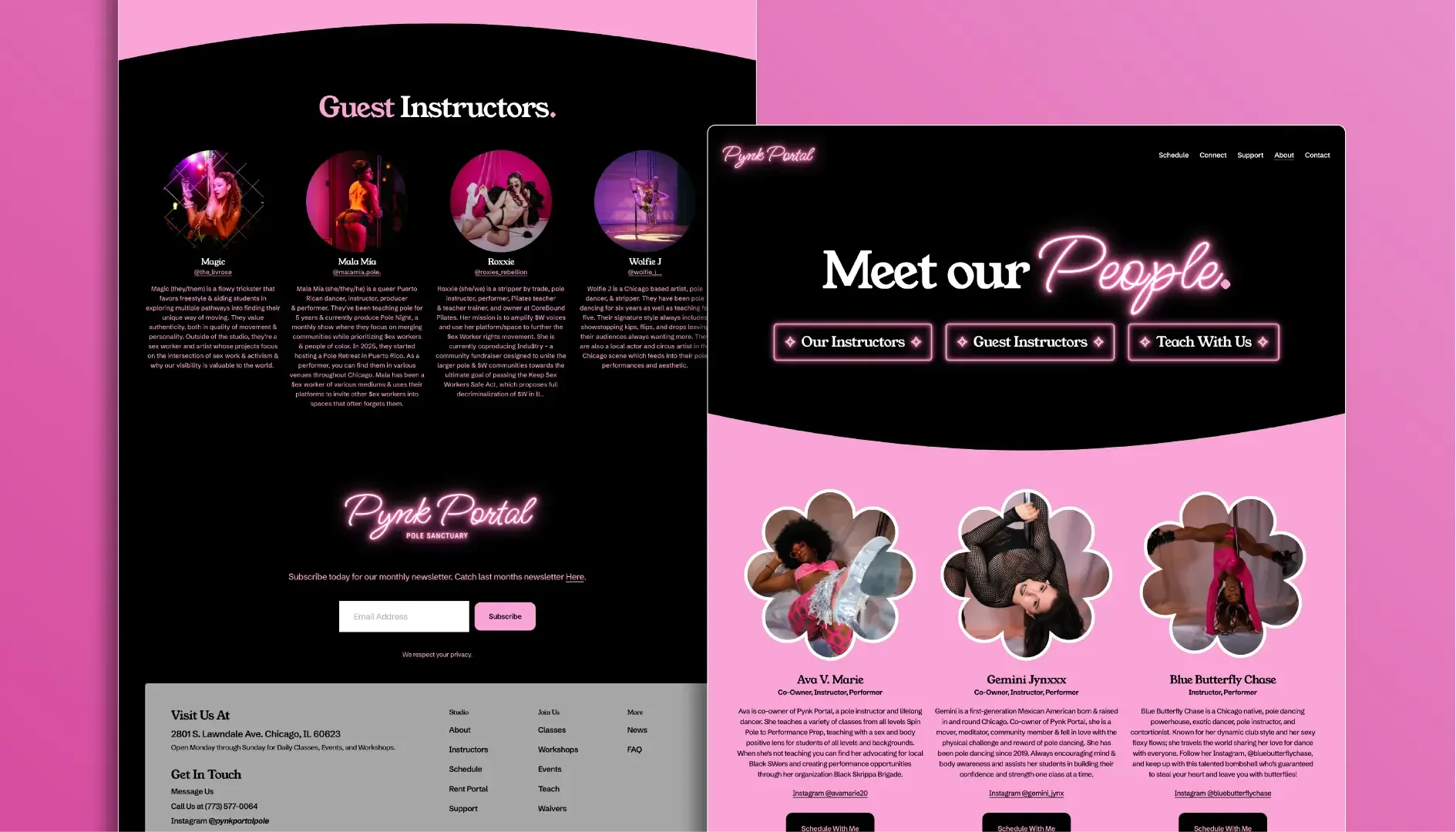 Mockup of pages from Pynk Portal website