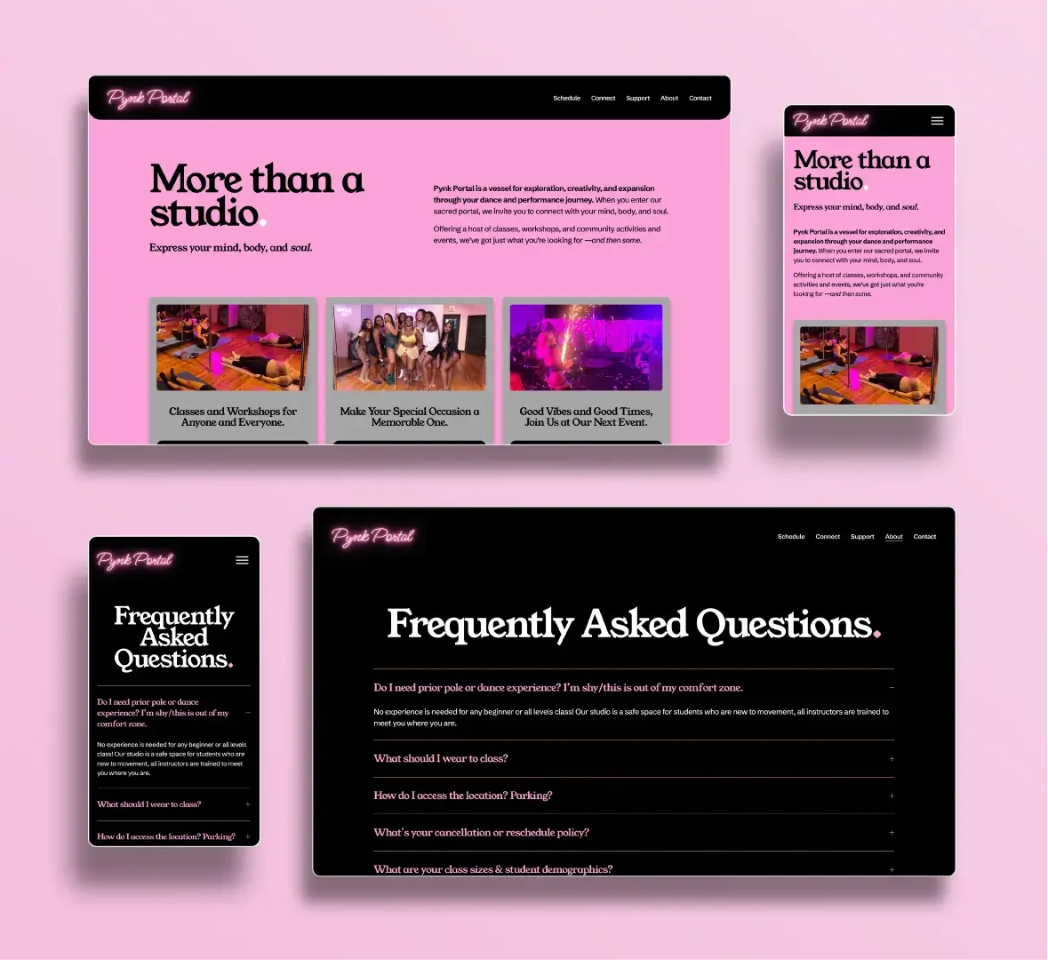 Mockup of pages from Pynk Portal website