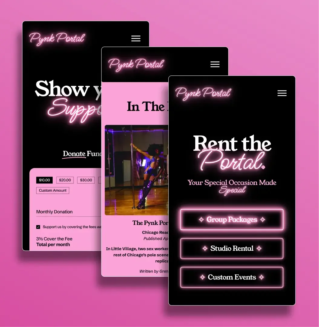 Mockup of pages from Pynk Portal website